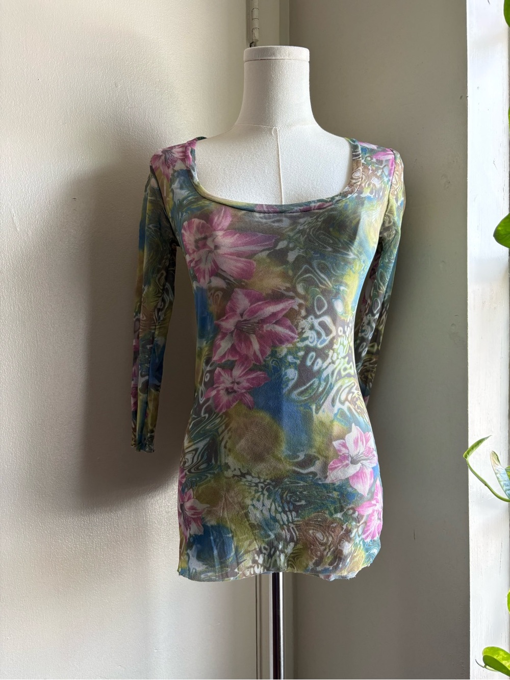 vintage y2k Johnny Heaven floral abstract mesh shirt
